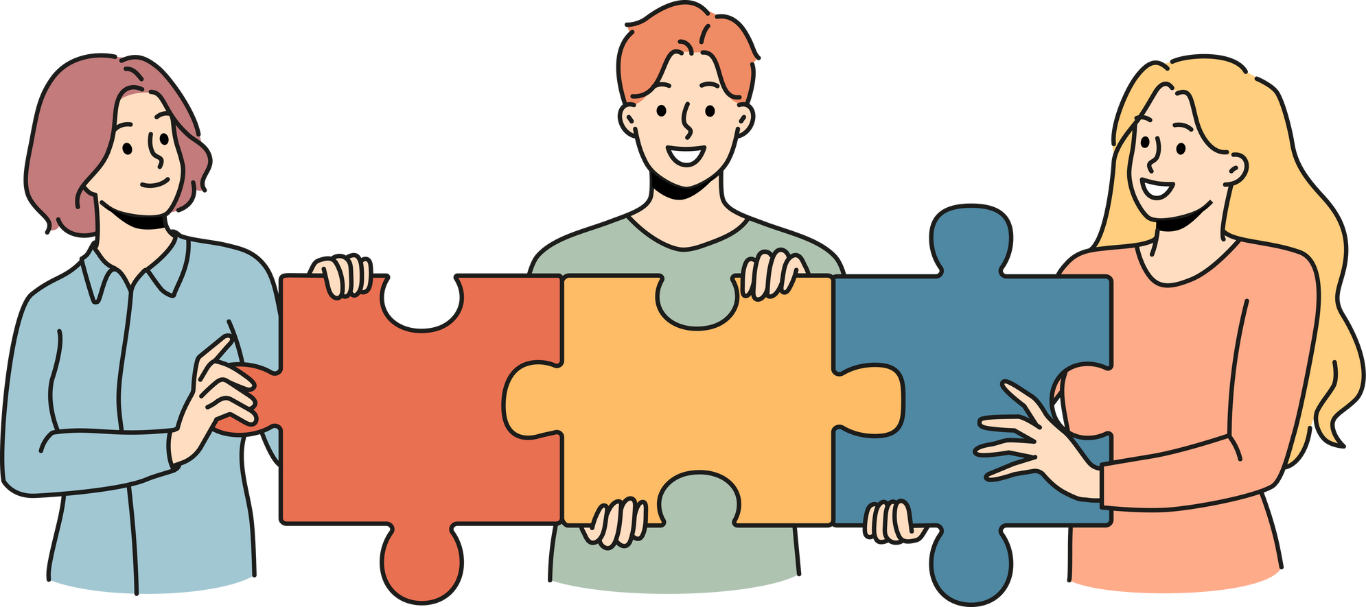 Happy employees connect jigsaw puzzles