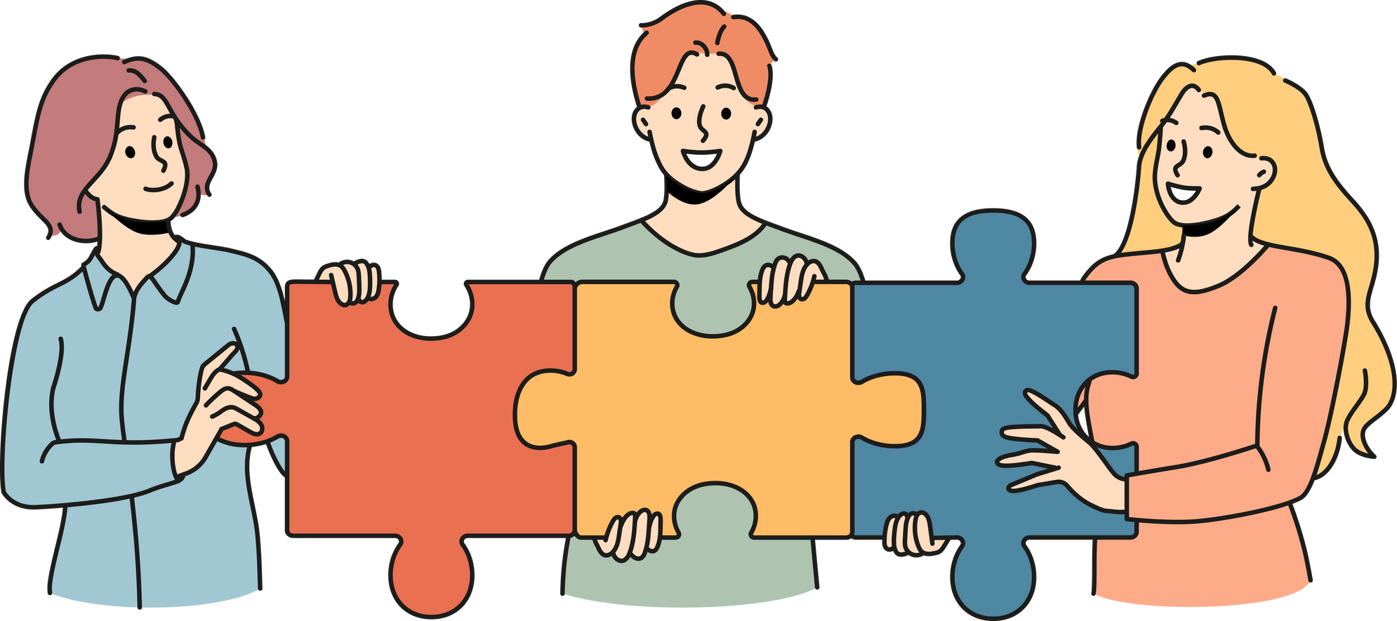 Happy employees connect jigsaw puzzles